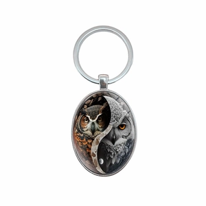 Men's metal keychain featuring an oval owl Tai Chi Yin Yang pendant with polished silver ring