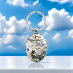 Porte-clés Métal Pendentif Ovale Motif Loup pour Fils de Maman Citation Motivationnelle Alliage de Zinc Verre Cadeau Bijoux