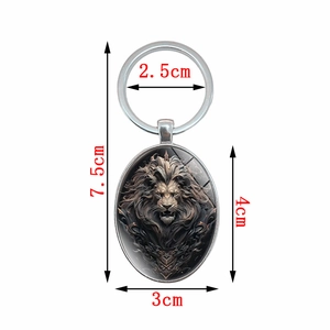 Fashionable oval lion pendant keychain with silver metal ring and artistic lion head design