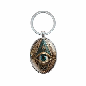 All-Seeing Eye Horus oval pendant keychain with mechanical punk style engraving