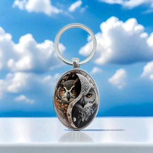 Fashion Creative Owl Pattern Yin Yang Tai Chi Pendant Oval Metal Keychain Zinc Alloy Glass Key Ring For Men Women Daily Decor