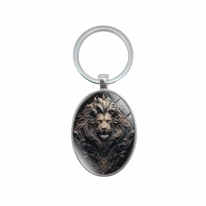 Oval keychain with vintage lion pattern and silver metal ring for car bags and gifts