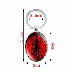 Blood red cat eye pattern oval pendant keychain with metal ring and dimension details