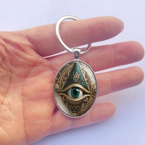 Oval Eye of Providence keychain with steampunk gear details and silver metal ring