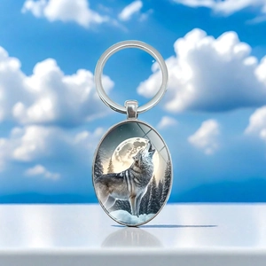 Porte-clés Pendentif Ovale en Verre Loup Hurlant Sous La Lune Alliage de Zinc Argent Anneau Métallique Thème Nature Cadeau