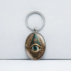 Oval silver metal keychain with Eye of Providence glass cabochon in vintage steampunk style