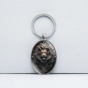 Oval lion pendant keychain in silver alloy finish for car keys and bag accessories