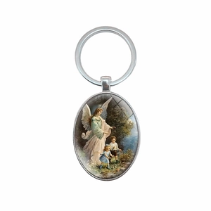 Guardian Angel oval pendant keychain with silver metal frame and artistic glass cabochon