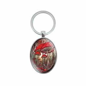 Elegant oval mushroom pendant keychain with vintage metal alloy frame and silver ring
