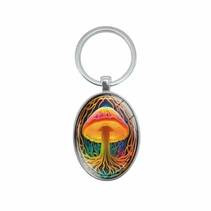 Porte-clés élégant pendentif champignon ovale avec anneau argenté et dôme en verre