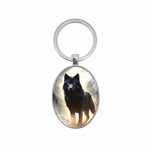 Oval keychain with wild black wolf pendant and silver metal ring for car bags