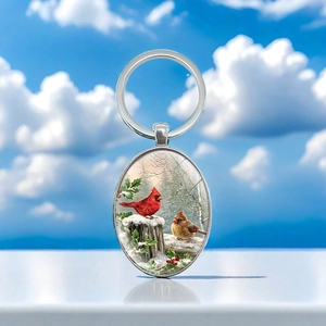 Cardinal Bird Oval Metal Keychain Winter Forest Cardinal Birds Key Ring Silver Zinc Alloy Glass Pendant Holiday Gift