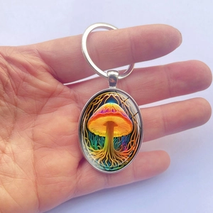 Porte-clés ovale élégant avec pendentif champignon et verre pour sac ou voiture