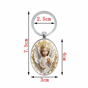 Elegant angel keychain with oval cherub pendant on a white background, 7.5cm metal ring