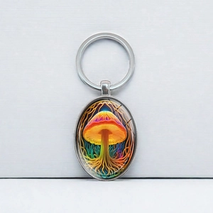 Porte-clés ovale élégant avec motif de champignon et anneau en métal pour sacs et voitures