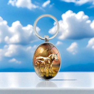 Oval Metal Horse Keychain Art Glass Sunset Horse Silhouette Key Ring Creative Gift For Car Bag Hanging Decoration