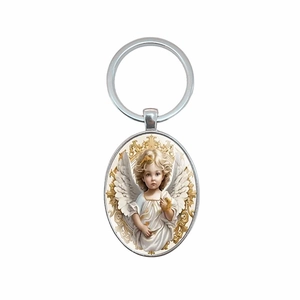 Elegant metal angel keychain with oval vintage cherub pendant on a white background