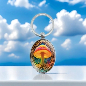Porte-clés Élégant Motif Champignon Ovale en Alliage de Zinc Pendentif Cabochon en Verre Charme de Sac de Voiture Cadeau