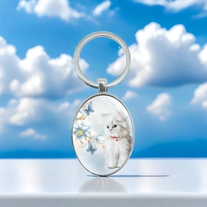 Porte-clés Pendentif en Métal Ovale de Mode Chat Blanc Fleur Papillon Illustration Design Anneau de Clé Argent Cadeau Femme
