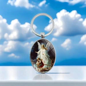 Vintage Guardian Angel Oval Zinc Alloy Metal Keychain For Women Men Religious Art Painting Car Keyring Bag Charm Pendant Gift