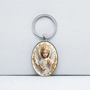 Elegant angel key ring with oval metal pendant featuring classical winged cherub art