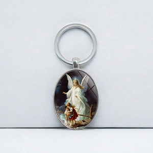 Guardian angel oval metal keychain with classic silver finish for car keys and bags