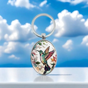 Artistic Hummingbird Floral Pattern Oval Pendant Metal Keychain Silver Alloy Glass Cabochon Key Ring Hanging Ornament Gift