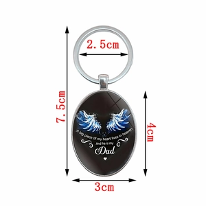 Silver angel wing memorial keychain for dad with heart quote and size dimensions
