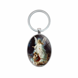 Oval silver angel keychain with classic religious art glass cabochon pendant