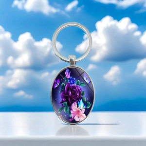 Elegant Butterfly And Purple Rose Flower Oval Pendant Keychain Alloy Glass Keyring For Women Bag Charm Creative Gift