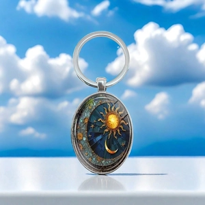 Sun And Moon Pattern Oval Pendant Keychain Zinc Alloy Glass Astral Key Ring Car Bag Ornament Creative Gift For Friends