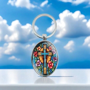Elegant Alloy Silver Oval Stained Glass Cross Flower Pendant Keychain For Bag Car Key Ring Religious Gift Women Men Accessory