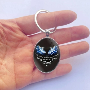 Memorial oval keychain with angel wings and heart lives in heaven Dad tribute