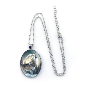 Howling wolf and full moon oval pendant necklace with silver chain for women