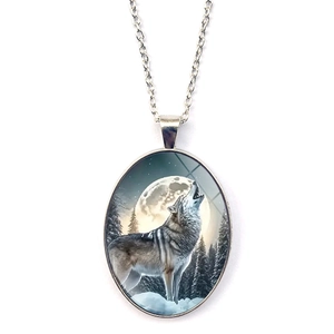 Vintage Howling Wolf Moon Oval Pendant Necklace Alloy Glass Mysterious Nature Animal Jewelry For Women Men Gift