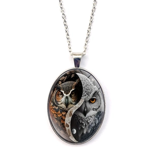 Collier Pendentif Ovale Hibou Yin Yang Tai Chi en Alliage Vintage Cabochon en Verre Ton Argent Bijoux de Mode Femme Homme Cadeau
