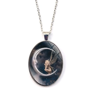 Vintage Moon Goddess Fairy Pendant Necklace Alloy Silver Chain With Glass Cabochon Starry Night Sky Jewelry Gift For Women