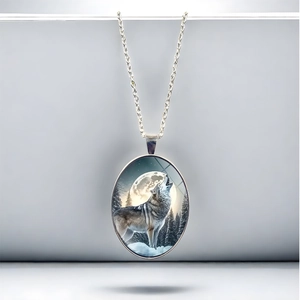 Vintage oval wolf howling at the moon pendant necklace for women with nature forest scenery