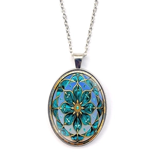 Vintage Böhmische Legierung Glas Cabochon Mandala Blume Anhänger Halskette Silber Ton Lange Kette Ethnischen Schmuck Damen