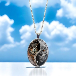 Détail d'un pendentif ovale hibou avec art ying-yang sur une chaîne en argent fin