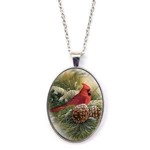 Vintage Alloy Glass Oval Cardinal Bird Pendant Necklace Red Northern Cardinal Pine Branch Snow Winter Jewelry For Women