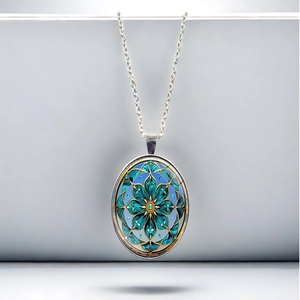Böhmische silberne Halskette mit blauem Mandala Ovalem Glasanhänger und Silberkette