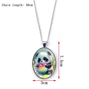 Cute cartoon panda oval pendant necklace with rainbow heart on 50cm metal chain