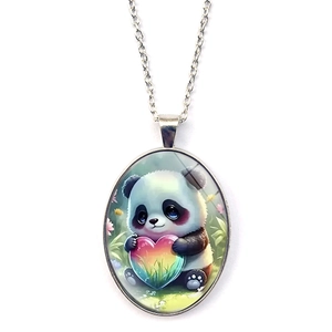 Cute Cartoon Panda Holding Rainbow Heart Oval Pendant Necklace Alloy Glass Time Gem Silver Tone Chain Jewelry For Women Girls