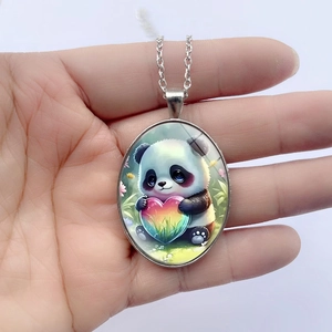 Cute panda pendant necklace with rainbow heart design on silver oval metal chain