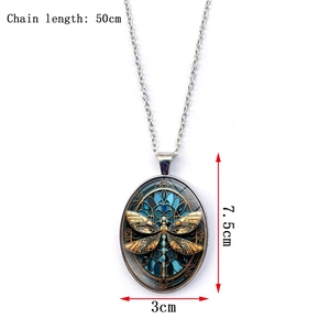 Detailed size chart for dragonfly pendant necklace showing 50cm chain and 7.5cm pendant length