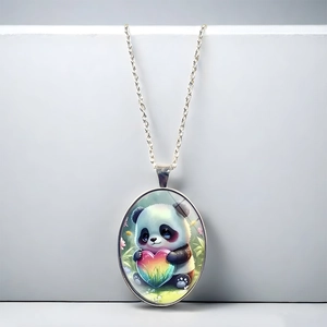 Cute panda oval pendant necklace with rainbow heart on silver chain for women