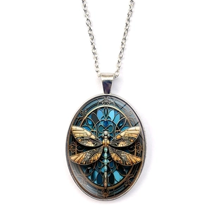 Vintage Dragonfly Stained Glass Style Oval Pendant Necklace Alloy Electroplated Chain Fashion Jewelry For Women Gift