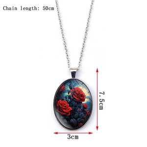 Detailed size view of red rose oval pendant necklace showing 50cm chain and 7.5cm height
