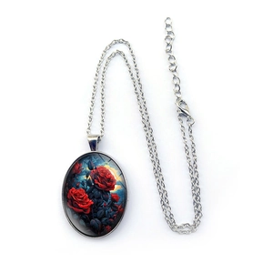 Vintage oval red rose pendant necklace with silver link chain for women accessories